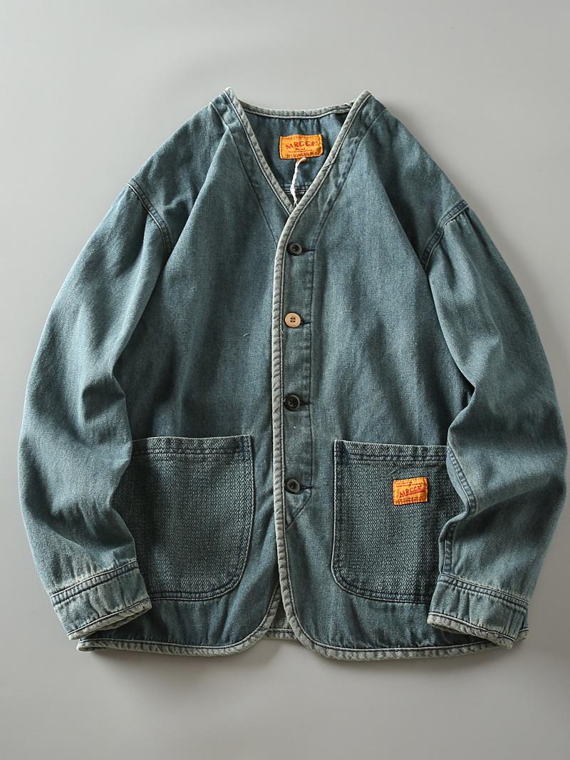 Autumn New Japanese Retro Washed Cotton Men's Casual Versatile Collarless Denim Jacket Coat Trend