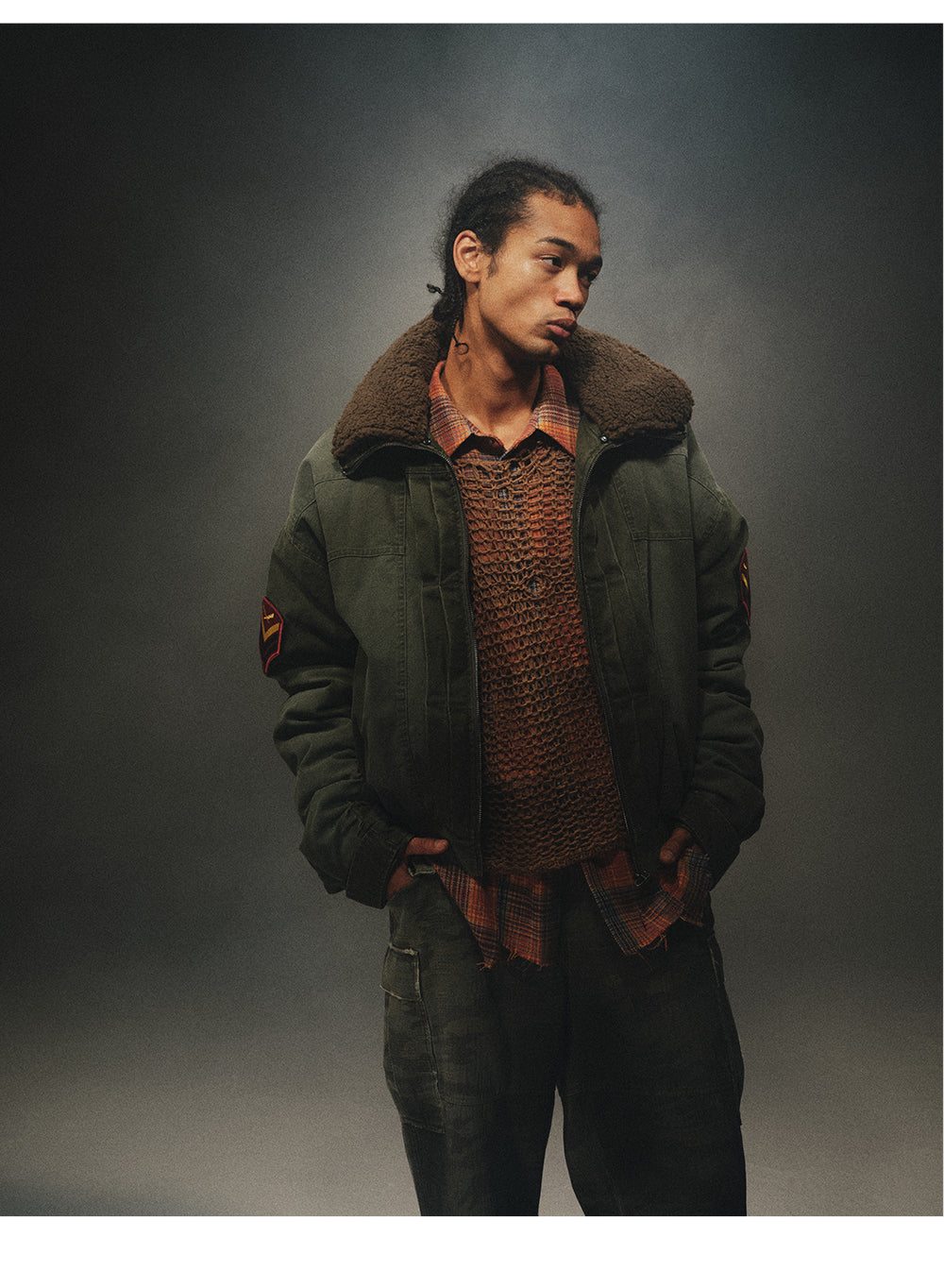 24aw Washed Green Vintage Jacket Cotton-Padded Coat Distressed Epaulet Fur Collar Thickened Coat