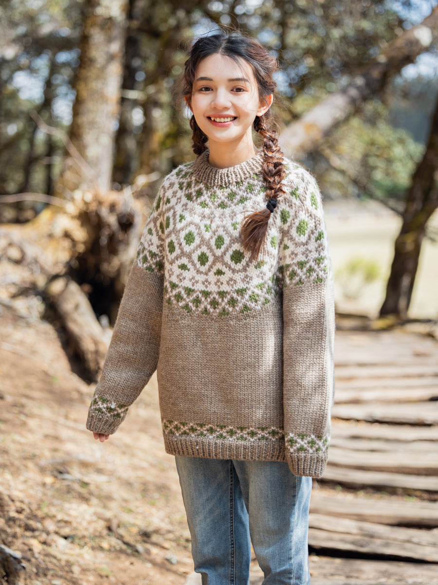 Handmade Iceland Sweater for Women Pullover Light Brown Thick Loose Nordic Retro Wide Knit College Style Travel Photography Niche