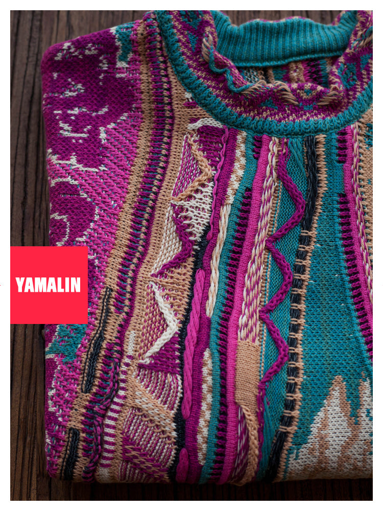 “Rose Portrait” Red Pullover Sweater – Japanese Retro Knit with Bold Floral Motif