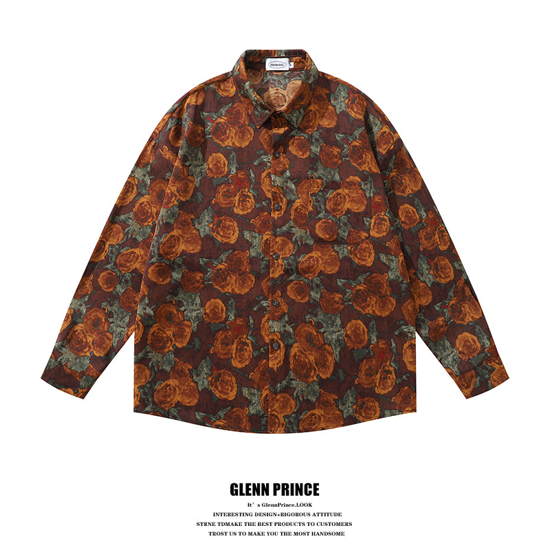 American Retro Oil Painting Floral Full Print Long Sleeve Shirt for Men, Autumn Street Style Loose Casual Floral Shirt