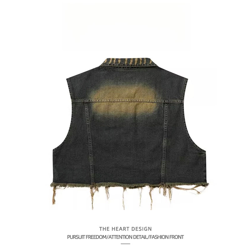 Vintage Distressed Turn-Down Collar Short Fringe Raw Edge Denim Vest Men's Functional Style Workwear Stylish Vintage Vest
