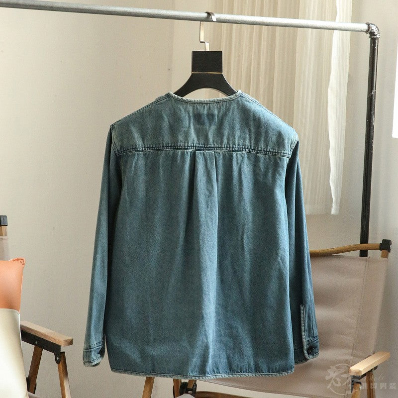 Autumn New Japanese Retro Washed Cotton Men's Casual Versatile Collarless Denim Jacket Coat Trend