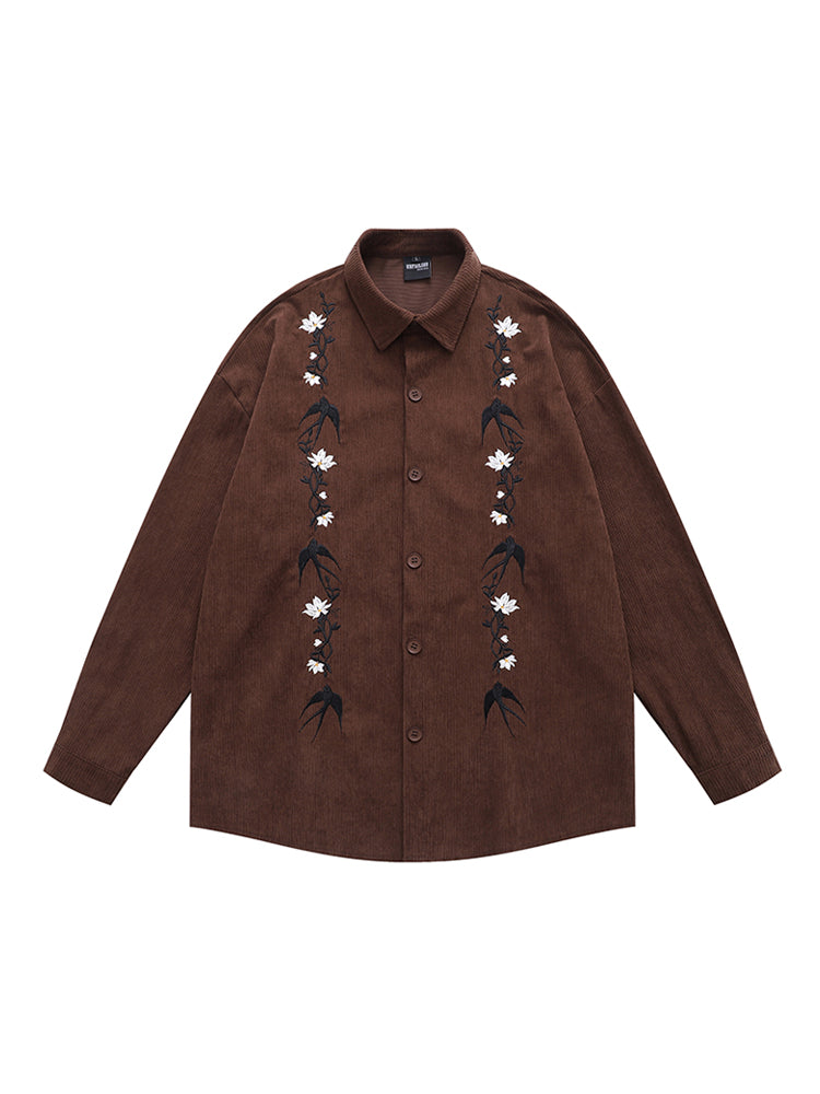 GPStudio American-Retro Floral Embroidery Corduroy Shirt – Long Sleeve, Loose Fit