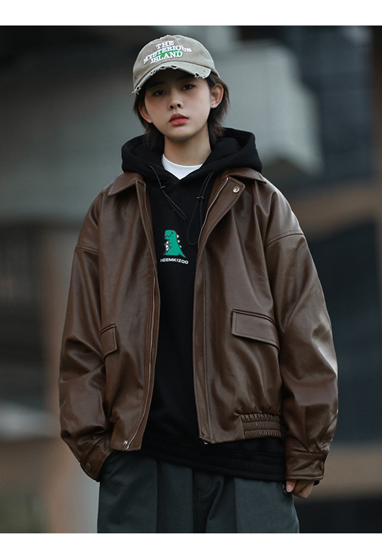 American Retro Lapel Leather Biker Jacket – Oversized Unisex | Yamalin clothes | Vintage workwear outfit for men