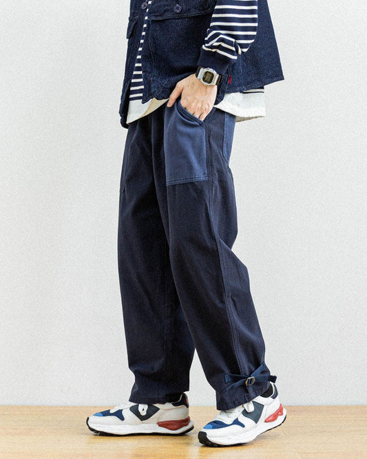 Japanese style men's clothing personality color block stitching elastic waist loose couple men and women slub cotton casual pants trend