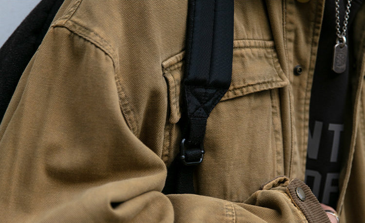 Cotton Cargo Jacket – Corduroy Collar & Four Pockets | Yamalin clothes | Vintage workwear outfit for men