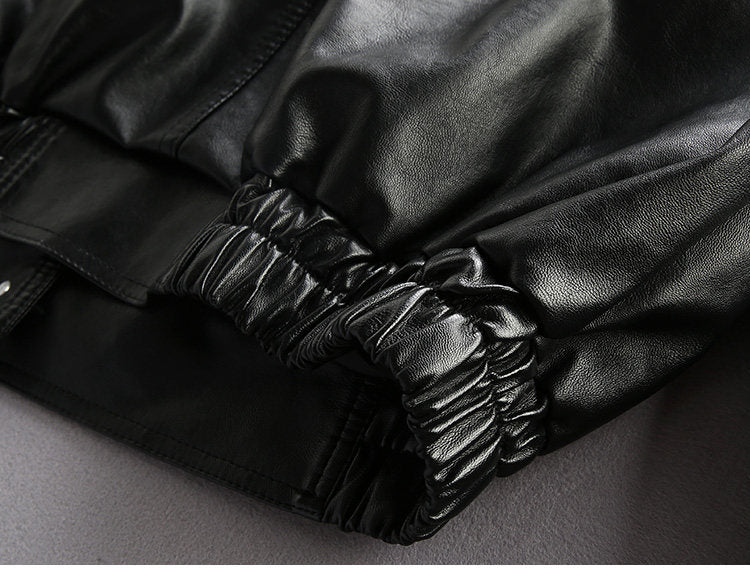 Badge Embroidered PU Leather Biker Jacket – Oversized Unisex | Yamalin clothes | Vintage workwear outfit for men