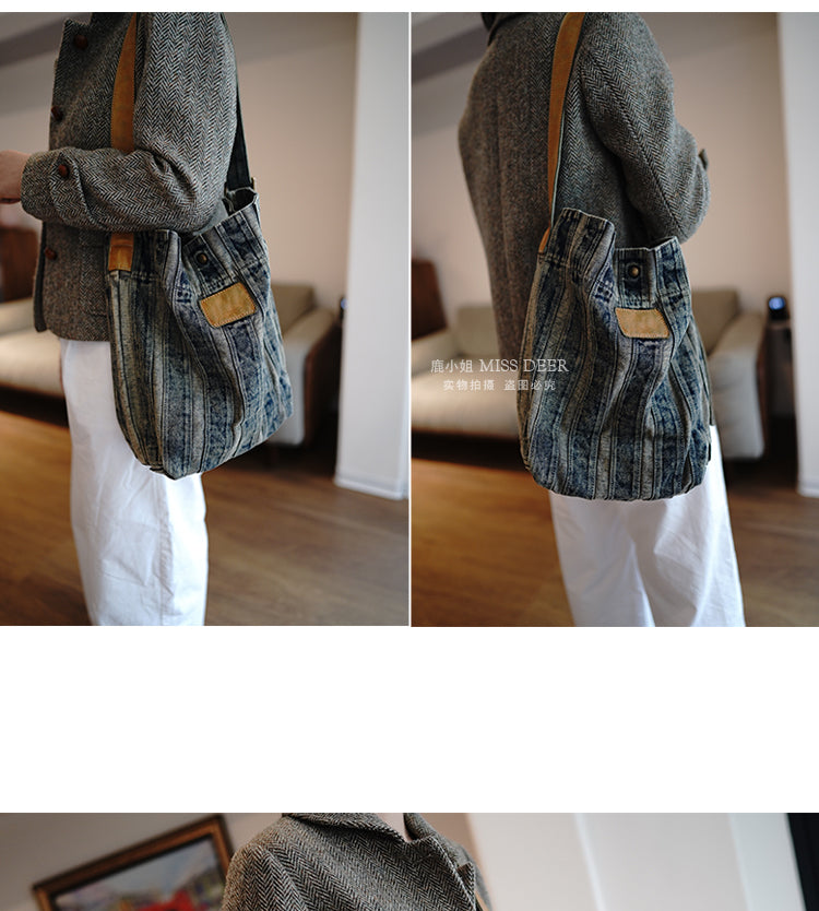 Vintage Washed Distressed Denim Patchwork Lightweight Large Capacity Tote Bag Versatile Casual Shoulder Crossbody Bag