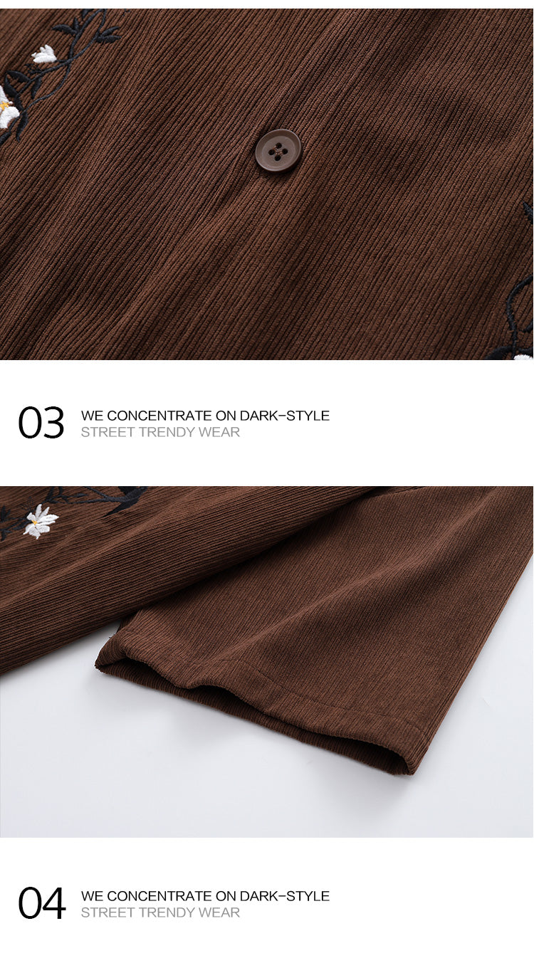 American Retro Floral Embroidery Corduroy Short Sleeve Shirt for Men Summer Trendy Brand Niche Loose Shirt