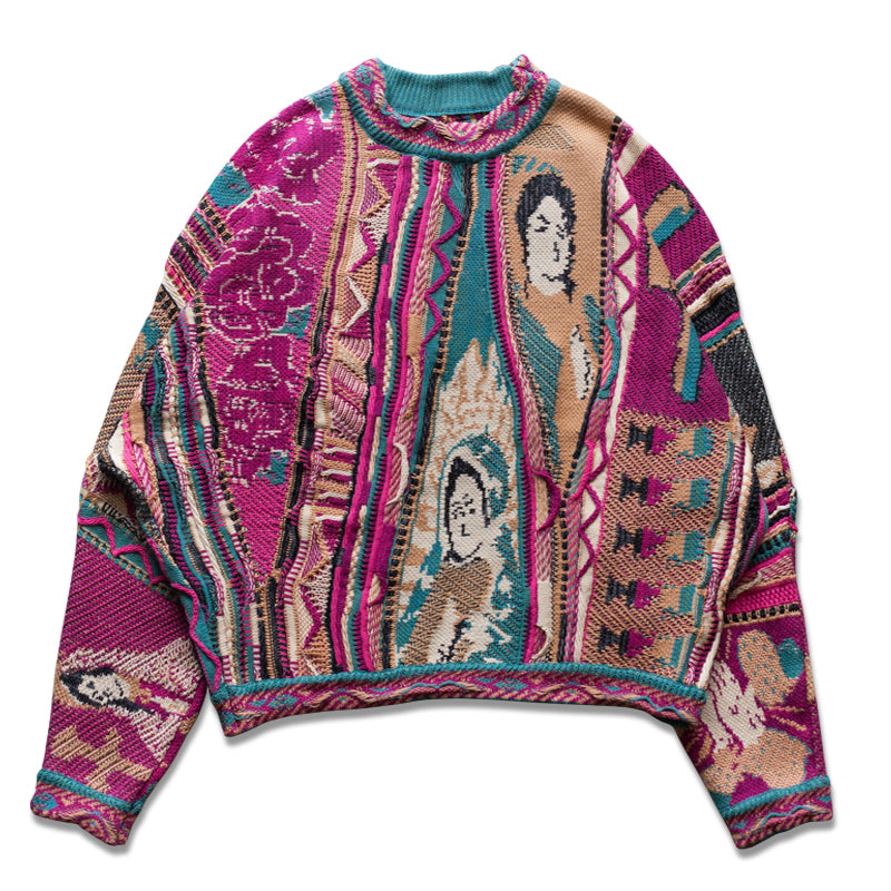 “Rose Portrait” Red Pullover Sweater – Japanese Retro Knit with Bold Floral Motif