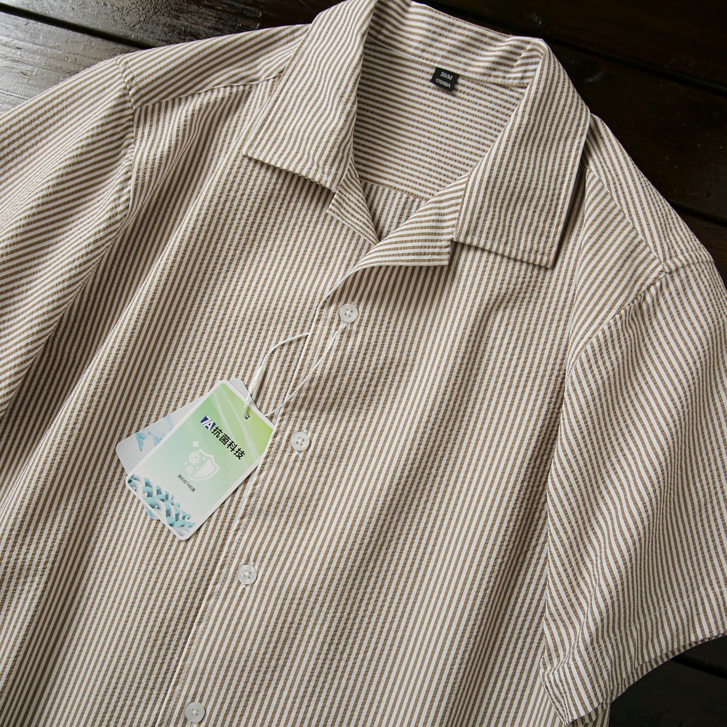 Bubble Gauze Texture 7A Antibacterial Cool Summer Men's Cuban Collar Striped Short Sleeve Shirt Top