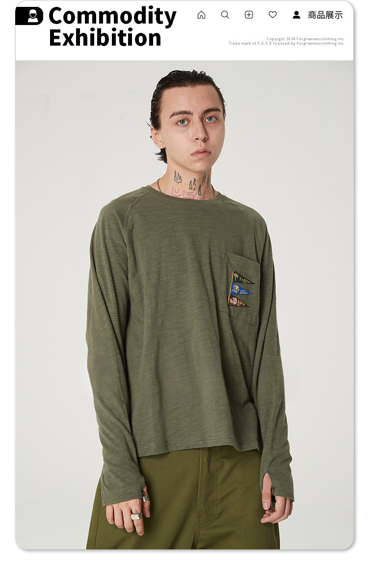 Japanese Style Flag Embroidery Loose Round Neck Men's Versatile Long Sleeve T-Shirt