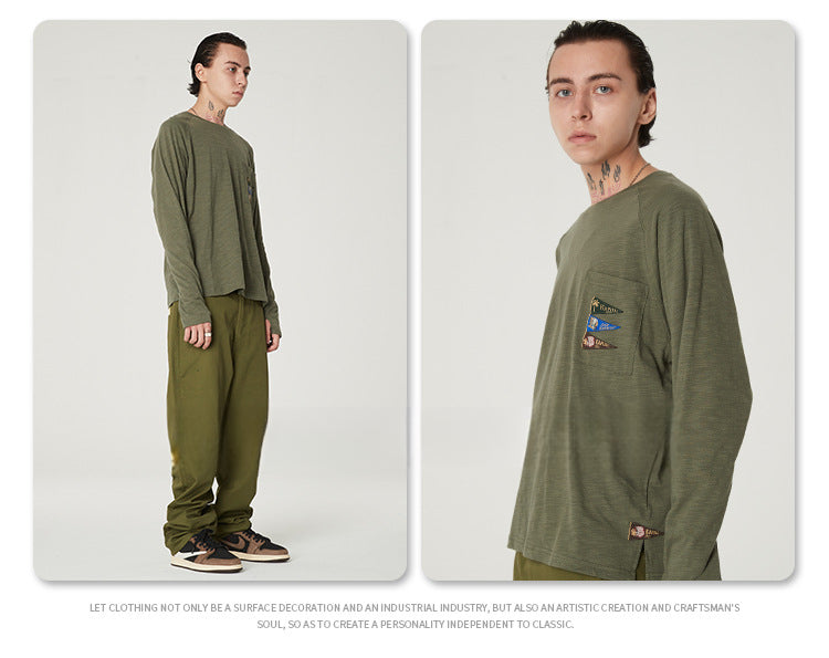Japanese Style Flag Embroidery Loose Round Neck Men's Versatile Long Sleeve T-Shirt