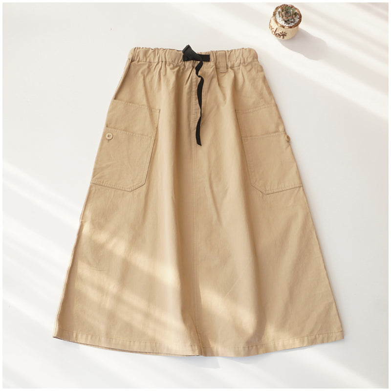 Japanese-Style Patchwork A-Line Skirt – High-Waist Loose Fit with Elegant Elastic Waist