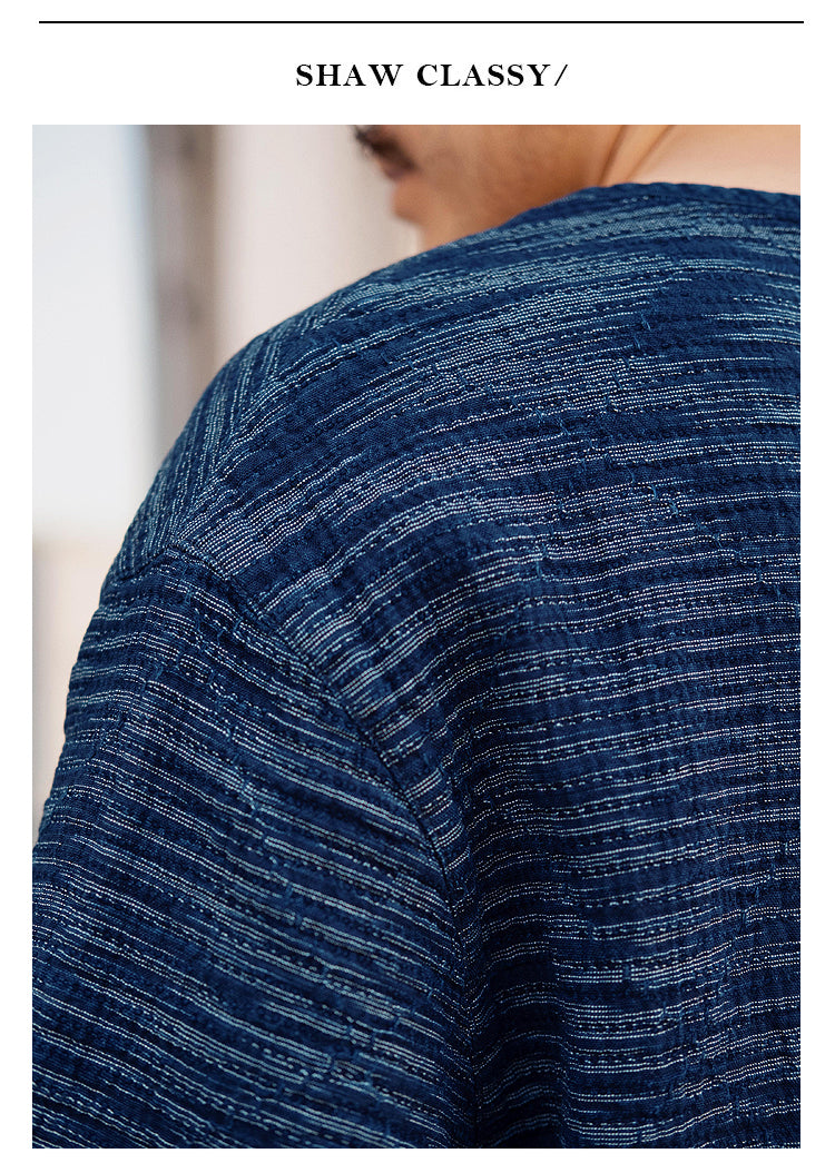 Original Japanese Retro Blue Dyed Sashiko & Kasuri Loose Fit Crew Neck Short Sleeve T-Shirt