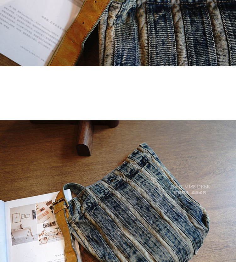 Vintage Washed Distressed Denim Patchwork Lightweight Large Capacity Tote Bag Versatile Casual Shoulder Crossbody Bag