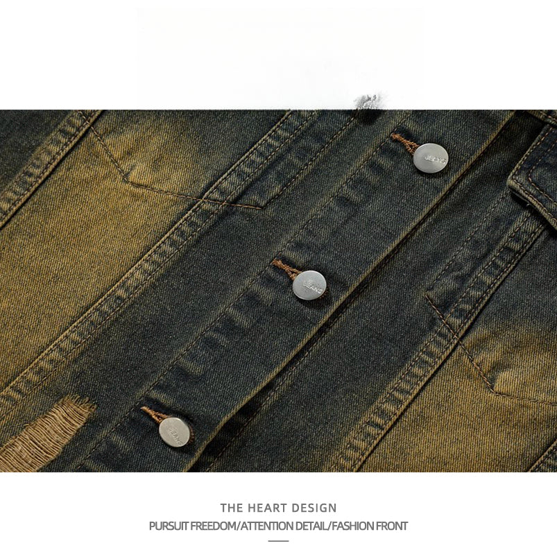 Vintage Distressed Turn-Down Collar Short Fringe Raw Edge Denim Vest Men's Functional Style Workwear Stylish Vintage Vest