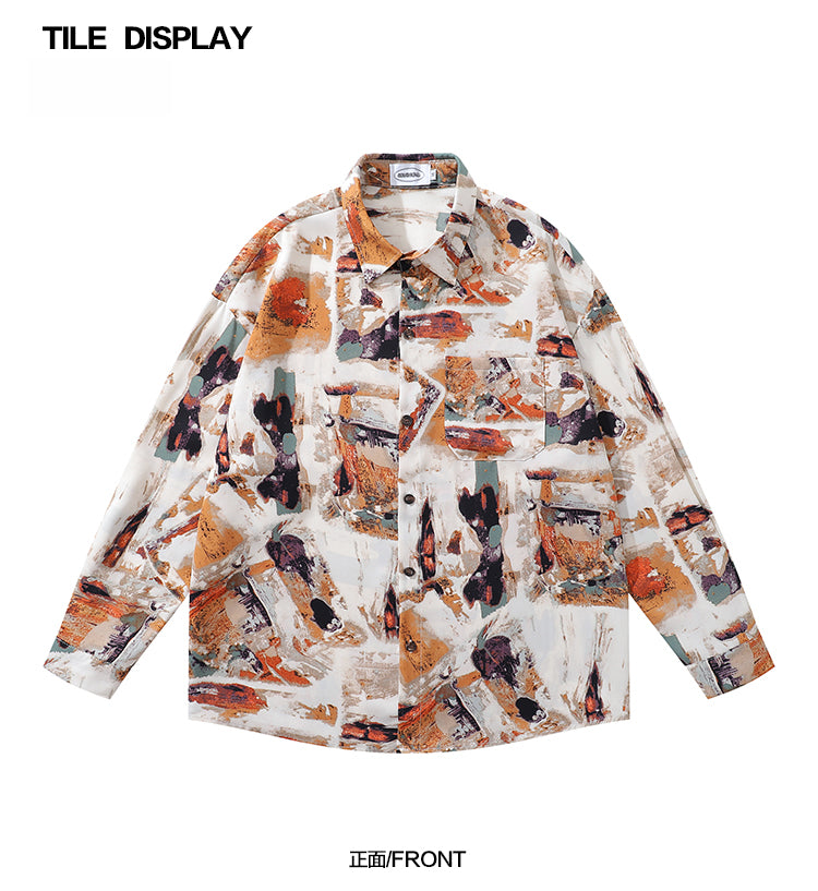 Design Sense Oil Painting Print Long Sleeve Floral Shirt for Men Spring and Autumn Trendy Brand Beach Casual Shirt Jacket