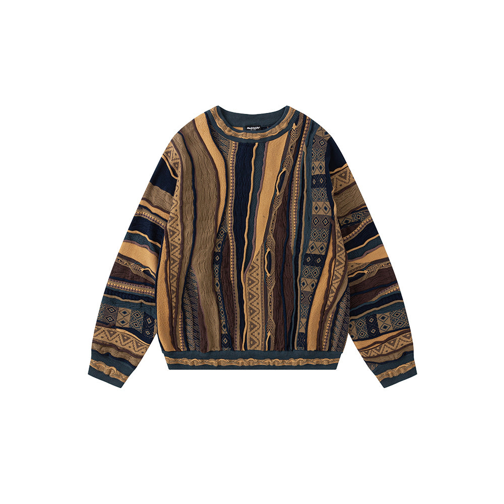 Vintage Pop Style Bitter Melon Striped Ethnic Sweater