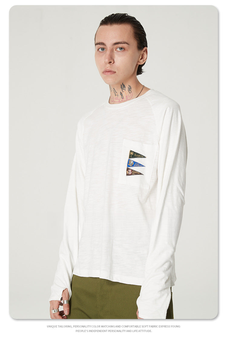Japanese Style Flag Embroidery Loose Round Neck Men's Versatile Long Sleeve T-Shirt