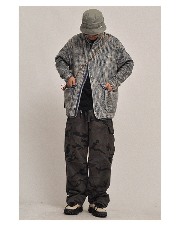 Textured Denim Jacket – Stand Collar & Bound Pockets