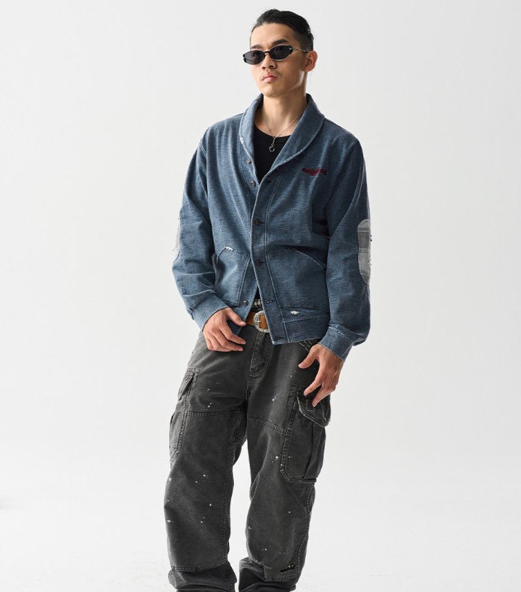 American Vintage Washed Distressed Zip-Up Cardigan – Contrast Collar Oversized Sweatshirt