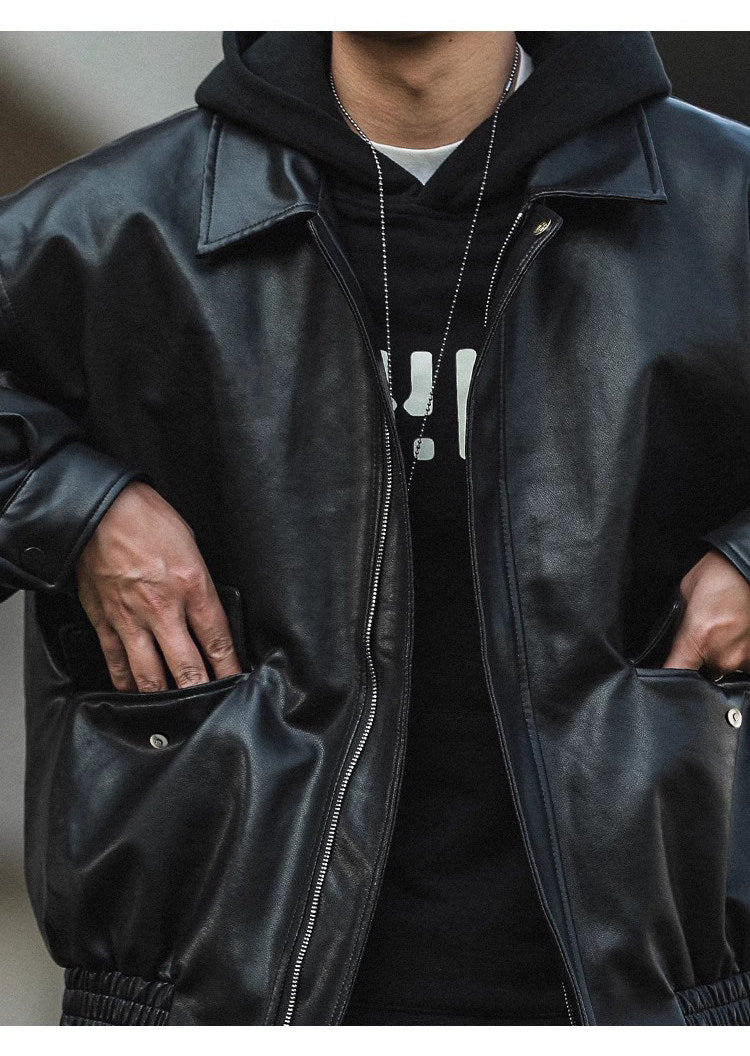American Retro Lapel Leather Biker Jacket – Oversized Unisex | Yamalin clothes | Vintage workwear outfit for men
