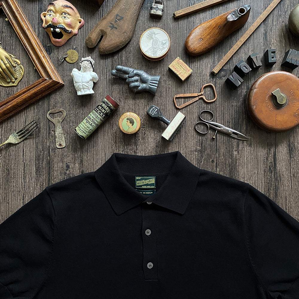 Classic British Retro Pure Black Turn-down Collar Polo Shirt High-woven Long-staple Cotton