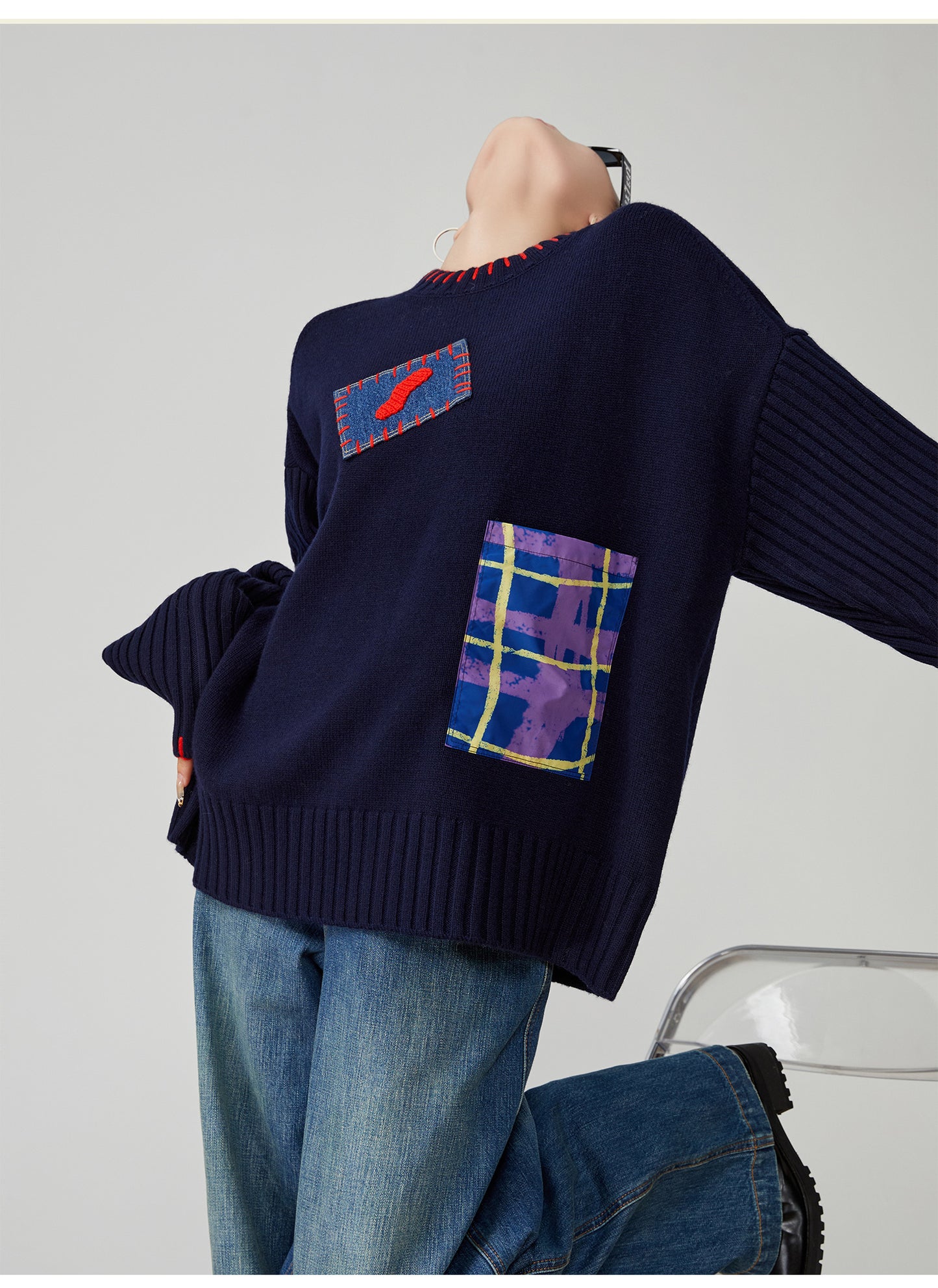 Color-Block Hand-Embroidered Patchwork Sweater – Japanese Niche Knit Top