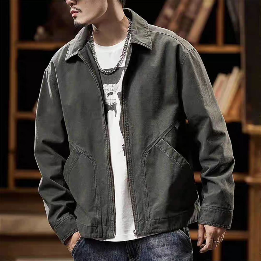 Men's American Retro Workwear Jacket - Autumn Winter Solid Color Pocket Design Casual All-Match Coat