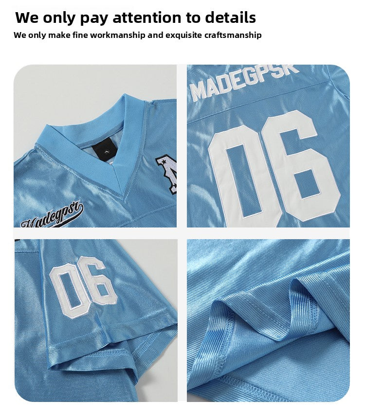 51 Hip-Hop American Retro Football Jersey V-Neck Sports Short Sleeve T-Shirt Unisex Satin Cool Loose Football Top