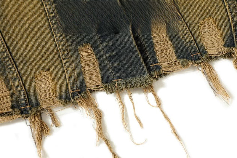 Vintage Distressed Turn-Down Collar Short Fringe Raw Edge Denim Vest Men's Functional Style Workwear Stylish Vintage Vest