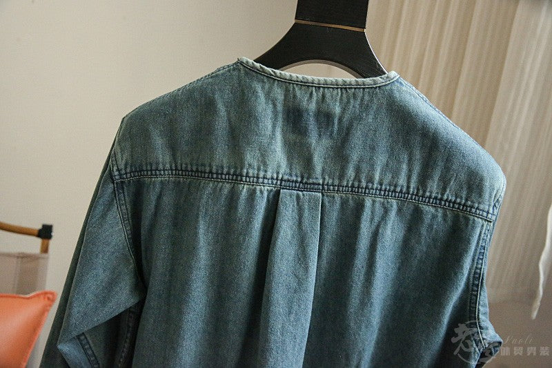 Autumn New Japanese Retro Washed Cotton Men's Casual Versatile Collarless Denim Jacket Coat Trend