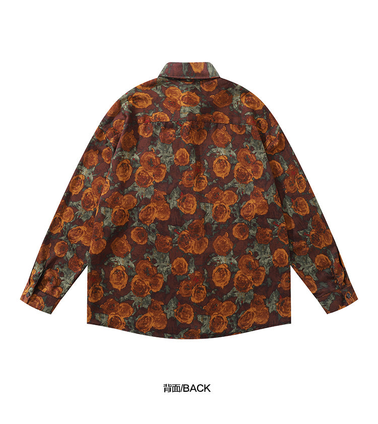 American Retro Oil Painting Floral Full Print Long Sleeve Shirt for Men, Autumn Street Style Loose Casual Floral Shirt