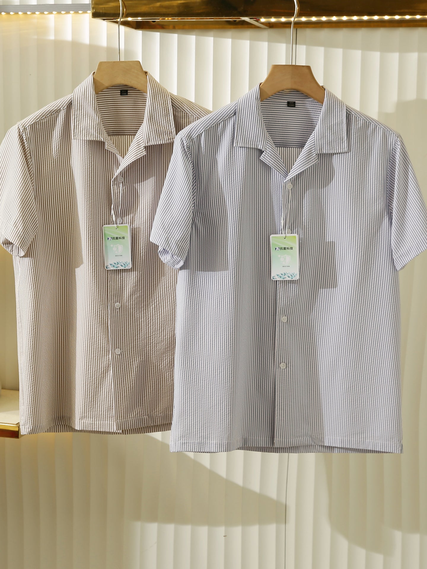 Bubble Gauze Texture 7A Antibacterial Cool Summer Men's Cuban Collar Striped Short Sleeve Shirt Top