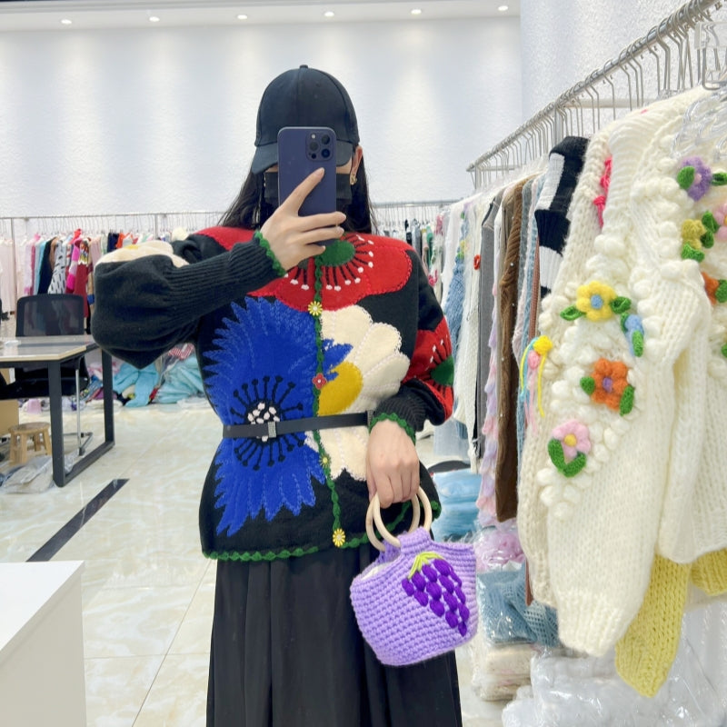 French Style Heavy Embroidery Floral Vintage Knit Sweater for Women 2025 Autumn Winter New Loose Cardigan Coat Trend