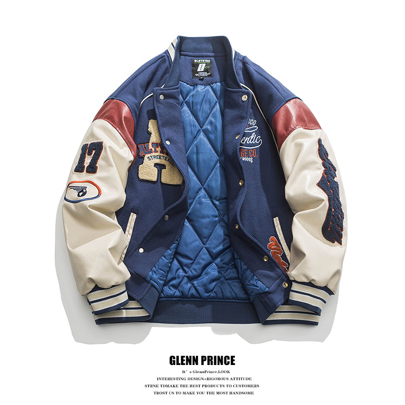 American Style Trendy Brand Patchwork Baseball Jacket for Men, Autumn and Winter Retro Cotton Jacket, Spring and Autumn New Couple Jacket