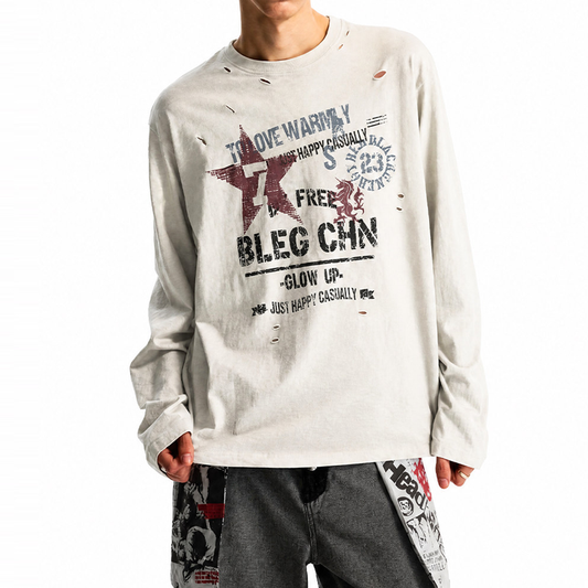 Vintage Distressed Ripped Long-Sleeve T-Shirt – Oversized Unisex Graphic Pullover Top – Japanese vintage | yamalin clothes | Yamalinclothes