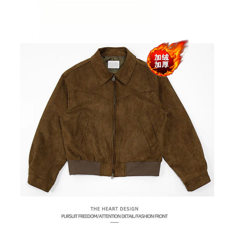 Autumn Winter Retro High Street Suede Short Jacket Men Thickened Stylish Versatile Motorcycle Lapel Flight Casual Jacket