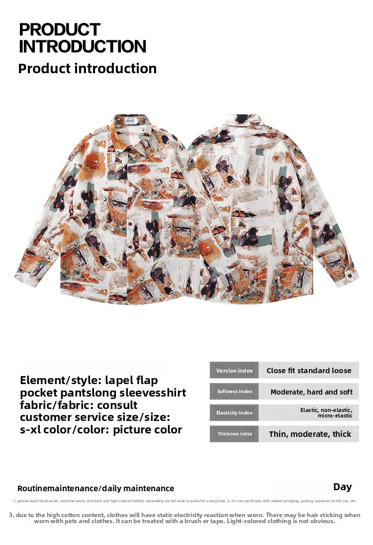 Design Sense Oil Painting Print Long Sleeve Floral Shirt for Men Spring and Autumn Trendy Brand Beach Casual Shirt Jacket