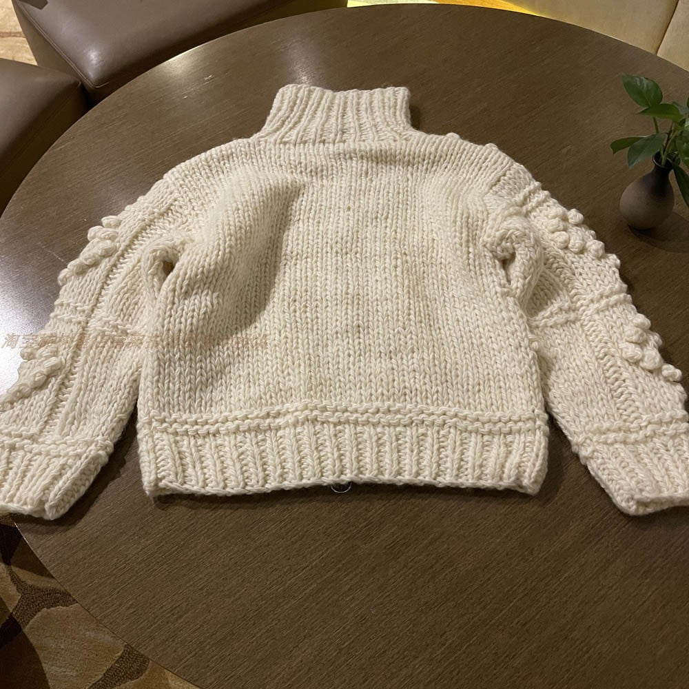 Women's Winter Wool Sweater Coat - Japanese Handmade Thick Yarn Ball Zipper Loose Knitted Top