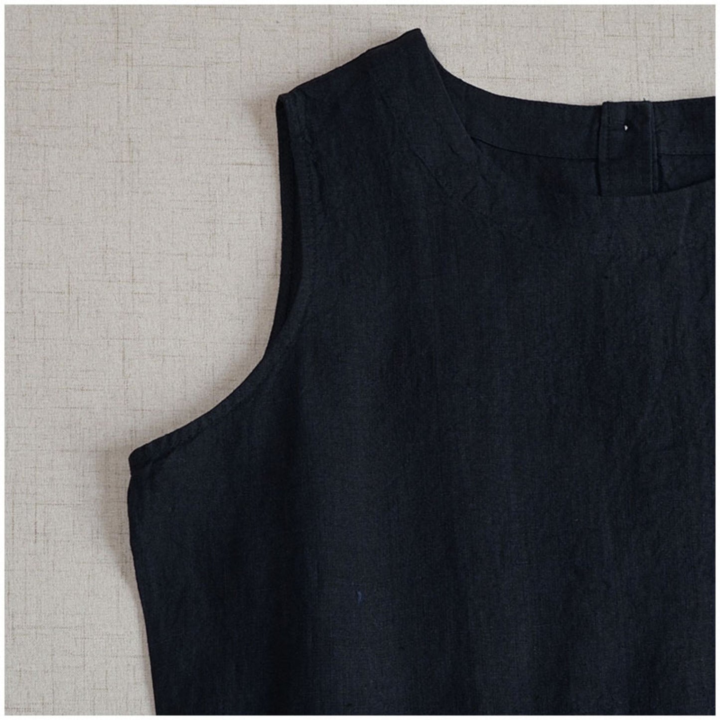 Linen Color-Block Mori Girl Tank Dress – High-Waist, Loose, Round Neck