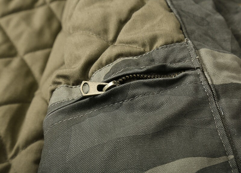 Heavy Distressed Hooded Camouflage Cargo Jacket – Oversized Cotton Outdoor Coat