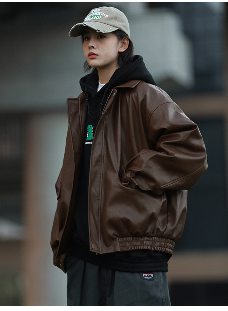 American Retro Lapel Leather Biker Jacket – Oversized Unisex | Yamalin clothes | Vintage workwear outfit for men