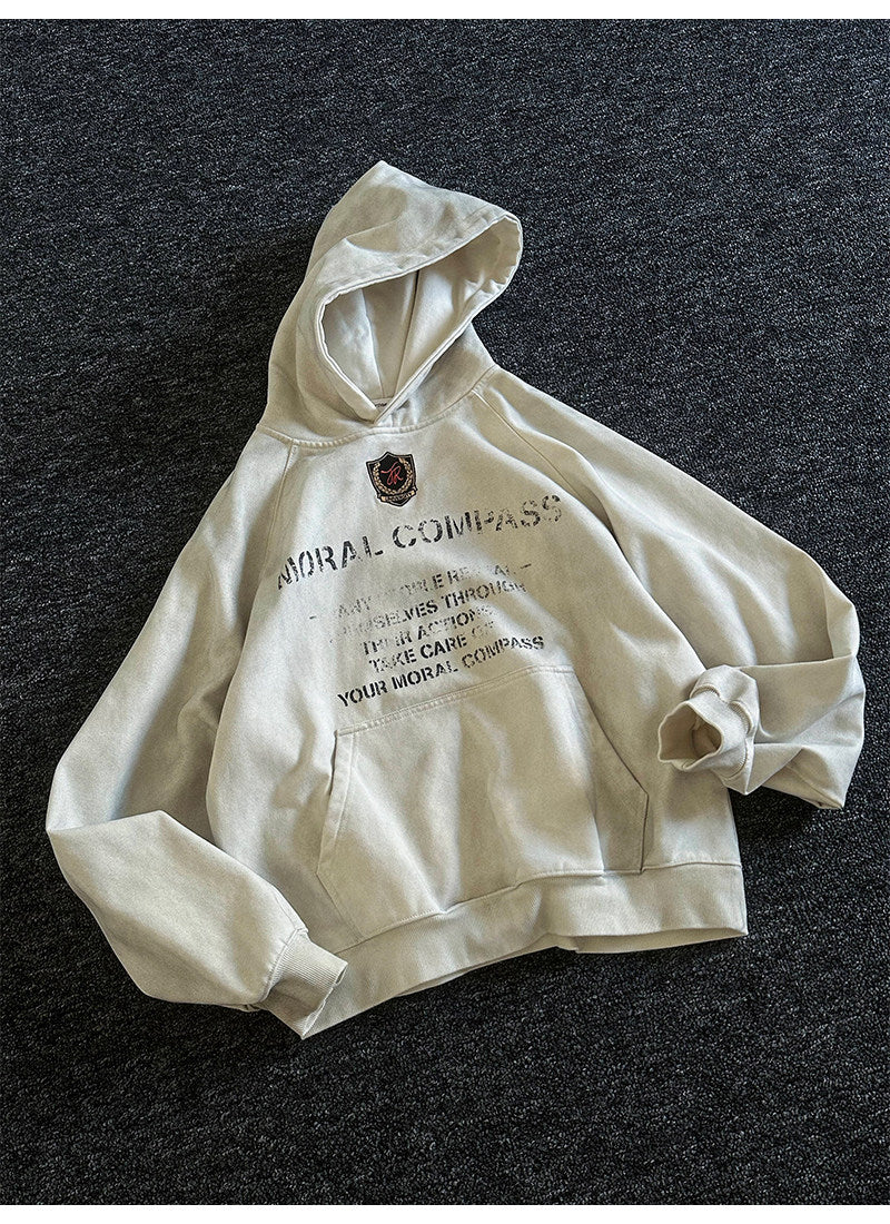 Heavyweight Washed Letter Print Hoodie – Vintage Loose Unisex