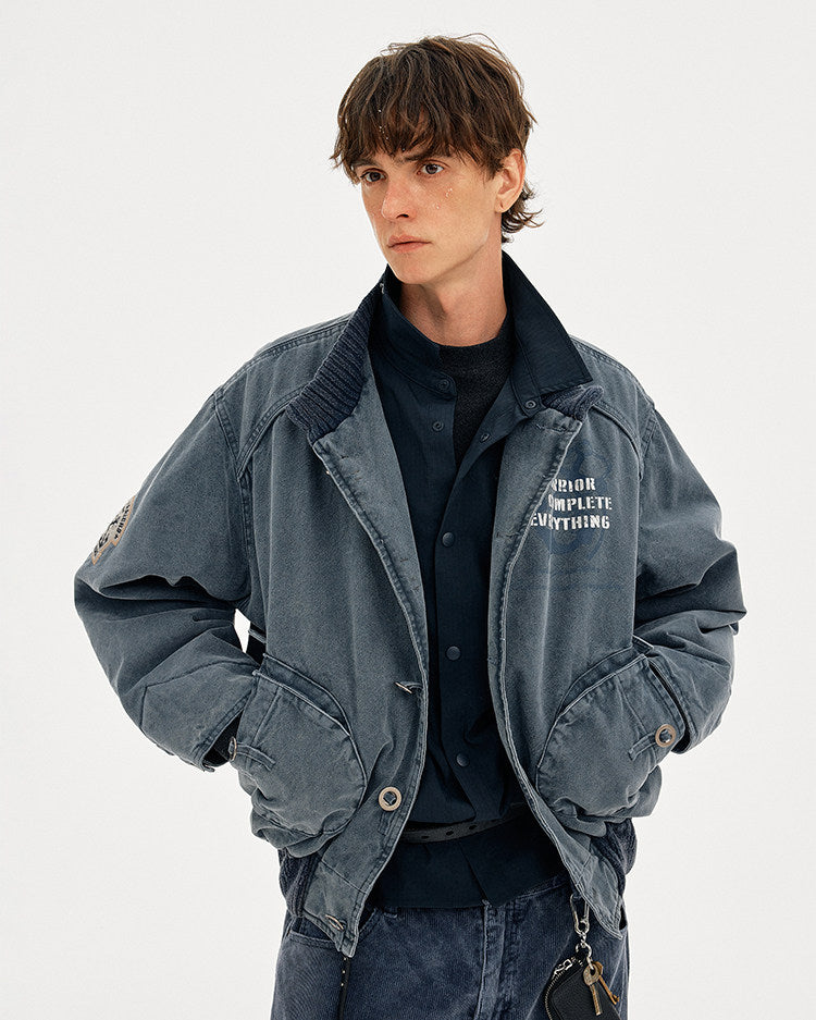 Heavyweight Washed Cotton Stand Collar Workwear Jacket – Oversized Unisex Short Coat