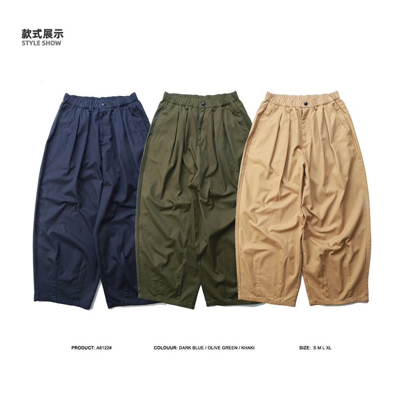 Cotton Wide-Leg Pants – Pleated Front & Elastic Waist