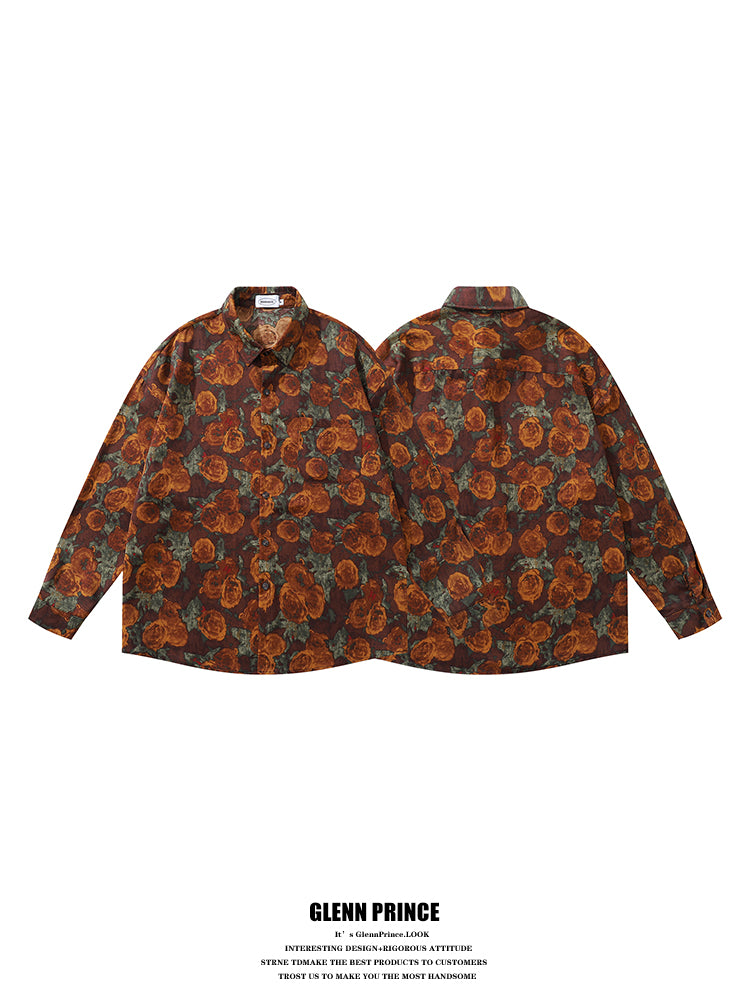 American Retro Oil Painting Floral Full Print Long Sleeve Shirt for Men, Autumn Street Style Loose Casual Floral Shirt