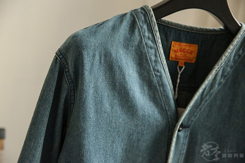 Autumn New Japanese Retro Washed Cotton Men's Casual Versatile Collarless Denim Jacket Coat Trend